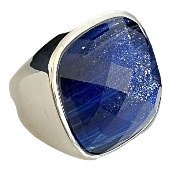 Huge Cocktail Ring Sz 8.5 Blue With Gold Flecks Silver Tone HSN 9J - Picture 2 of 7
